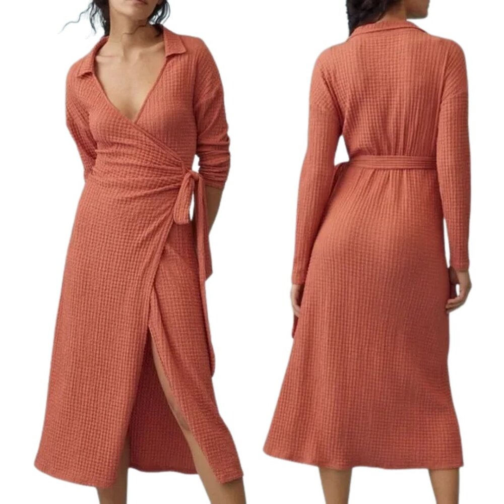 Anthropologie Waffle Wrap Dress, Orange XL - Fall, Autumn, Cozy, Lightweight